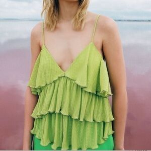Zara Lime Green Pleated Layered Ruffle Tank Top